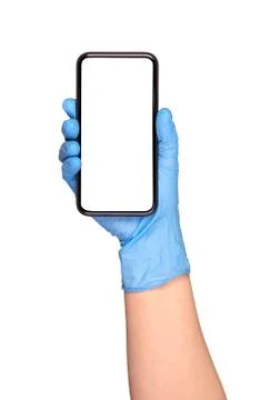 Blank smartphone held in hand in blue protective glove Stock Photos