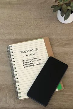 Blank Smartphone Screen on Password Security Checklist Notebook Stock Photos