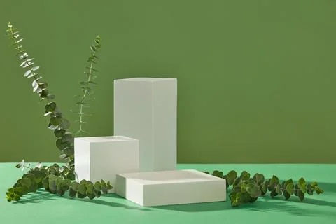 Blank space on cube, square and rectangle podiums for goods or product advert Stock Photos