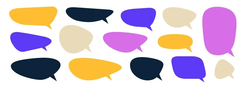Blank speech bubble collection. Purple, yellow, black cartoon text box set Stock Illustration