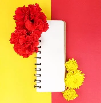 Blank Spiral Notebook and Red Hibiscus Over Yellow and Red Background. Stock Photos