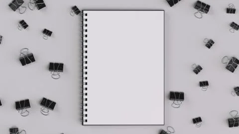 Blank spiral notebook with black binder clips on white table Stock Illustration
