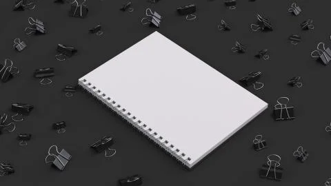 Blank spiral notebook with black binder clips on black table Stock Illustration