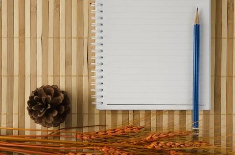Blank spiral notepad notebook on brown bamboo background Fotos Stock