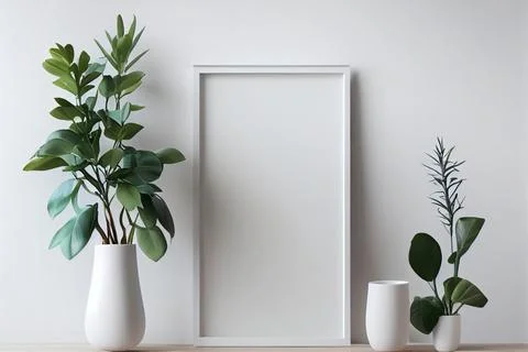 Blank square frame mockup for artwork or print on white wall with eucalyptus Stock Photos