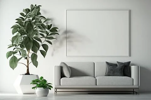 Blank square frame mockup for artwork or print on white wall with eucalyptus Stock Photos