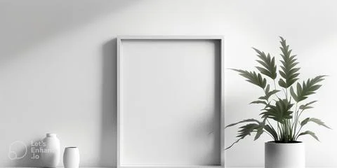 Blank square frame mockup for artwork or print on white wall with eucalyptus Foto stock