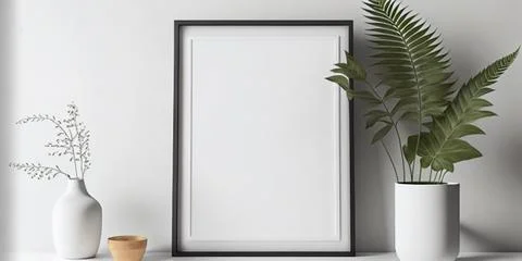 Blank square frame mockup for artwork or print on white wall with eucalyptus Stock Photos