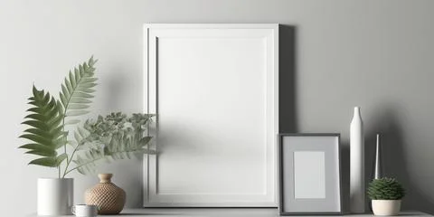Blank square frame mockup for artwork or print on white or gray wall with Stock Photos