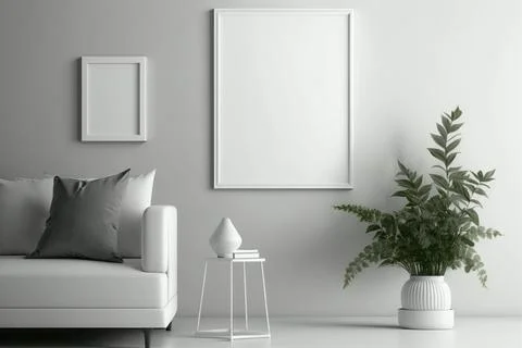 Blank square frame mockup for artwork or print on white or gray wall with Stock Photos