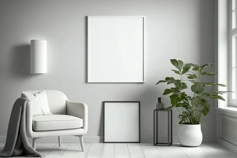 Blank square frame mockup for artwork or print on white or gray wall with Stock Photos