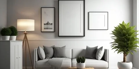 Blank square frame mockup for artwork or print on white or gray wall with Stock Photos