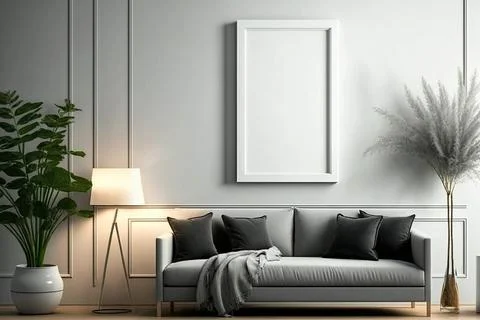 Blank square frame mockup for artwork or print on white or gray wall with Stock Photos