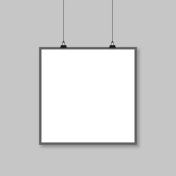 Blank Square Hanging Poster Frame Mockup with Black Clips and Wires on Grey.. Stock Illustration