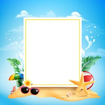 Blank Square rectangle banner with copy space Starfish flower palm leaf sand Stock Illustration