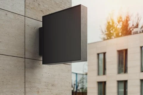 Blank square store signboard. Empty shop lightbox on the wall. 3d rendering. Illustrazione stock