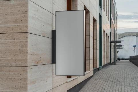 Blank square store signboard. Empty shop lightbox on the wall. 3d rendering. Ilustração Stock