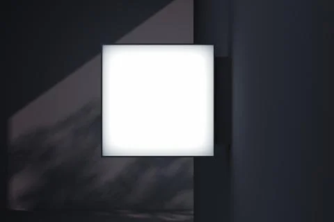 Blank square store signboard. Empty shop lightbox on the wall. 3d rendering. Illustrazione stock