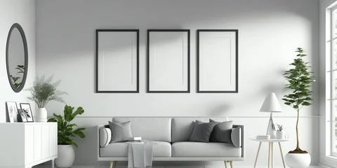 Blank square three frames mockup for artwork or print on white or gray wall with Stock Photos