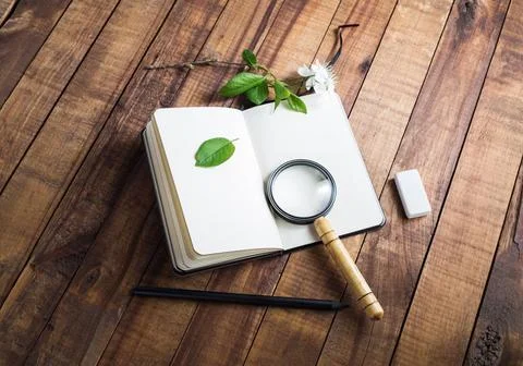 Blank stationery elements Blank notepad, magnifier, pencil, eraser, cherry... Stockfoto's