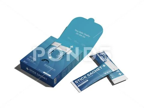 Blank Stick Sachet Mockup with Box Packaging Mockup 3D Rendering PSD Template