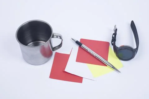 Blank Sticky Note With Laundry Clip Stack Of Colorful Paper Pen Placed On Table. Stock Photos