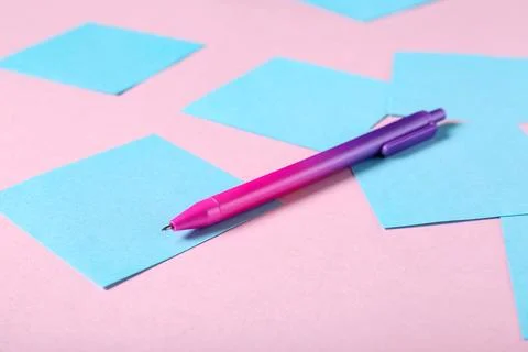 Blank sticky notes and pen on pink background Stock Photos