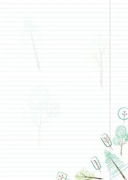 Blank striped sheet with hand-drawn trees with colorful children's doodles Stock Illustration