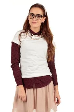 Blank t-shirt mock-up - Cute preppy, fashion geek girl ready for your design Foto stock
