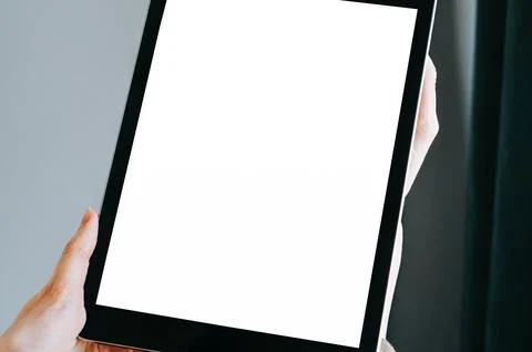 Blank Tablet Screen Mockup in Hand, Close-Up View Stock Photos