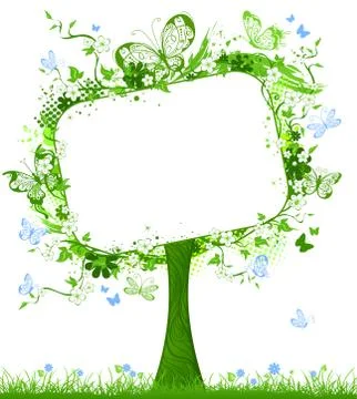 Blank tablet on spring tree. Stock Illustration