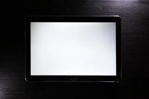Blank Tablet White Screen Android Black Stylish Corporate Wood Desk Stock Photos