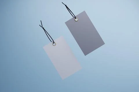 Blank tags float, light blue backdrop, retail mockup Stock Illustration