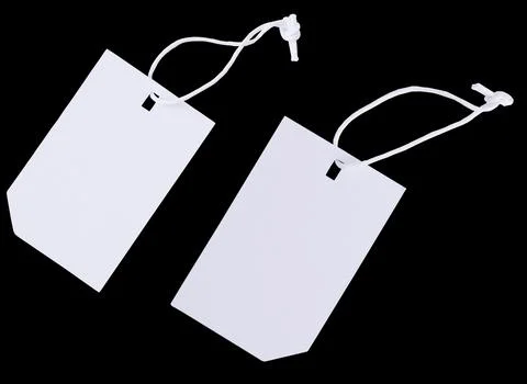 Blank Tags with White String isolated on black background Stock Photos