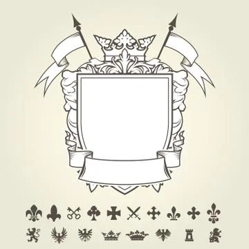 Blank template of coat of arms with shield and set of heraldic symbols Stock Illustration