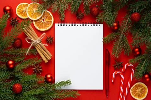 Blank text, Christmas and New Year concept, pen and notebook with blank sheet Foto stock