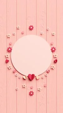 A blank text space surrounded by hearts and flowers on a pink wooden backgr.. Stock Photos