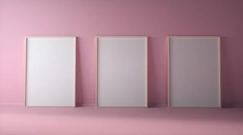 Blank three photo frames on light pink wall mock up. 3d rendering Stock Photos