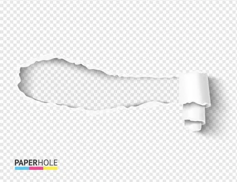 Blank torn paper hole vector poster with scroll torn piece on transparent for Stock Illustration