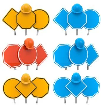Blank traffic signs with different shapes and colors on metal poles with cons Stock Illustration