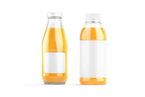 Blank transparent 16 oz plastic and glass orange juice bottle mockup Illustrazione stock
