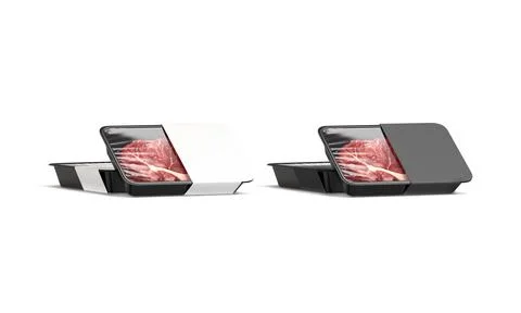 Blank transparent plastic beef tray with black white label mockup 스톡 일러스트