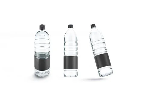 Blank transparent plastic bottle with black label mockup, different views Illustrazione stock