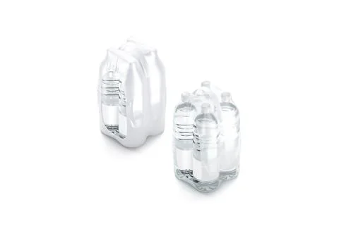 Blank transparent plastic bottle in pack with handle mockup set Illustrazione stock