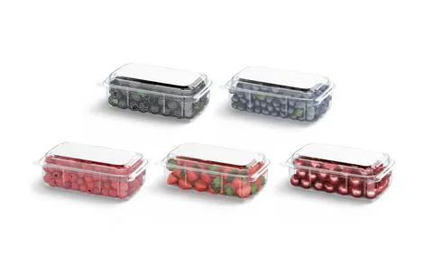 Blank transparent plastic box with berries mockup, half-turned view Illustrazione stock