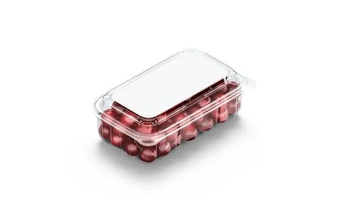 Blank transparent plastic box with cherry mockup, side view Illustrazione stock