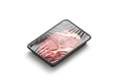 Blank transparent plastic tray with beef mockup, side view Stock Illustration