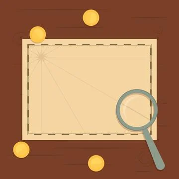 Blank Treasure Map Mockup with Magnifying Glass and Gold Coins Stock Illustration