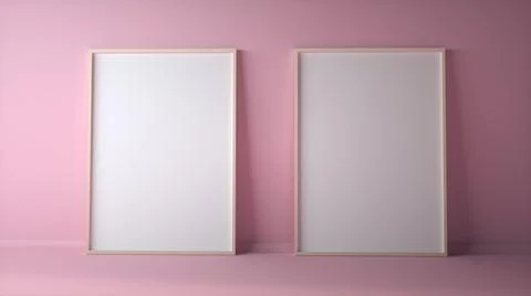 Blank two photo frames on light pink wall mock up. 3d rendering Stock Photos