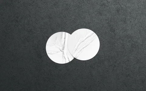 Blank two white round adhesive sticker mockup dark textured wall Stock Illustration